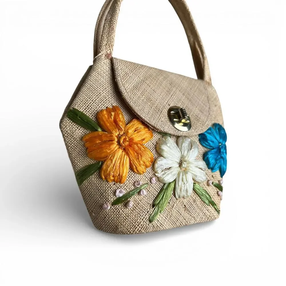 Vintage Handcrafted Floral Embroidered Straw Clutch